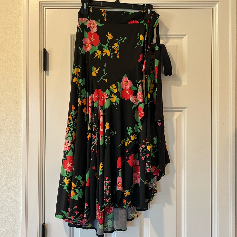 CAbi Black Wrap Skirt with Floral Design